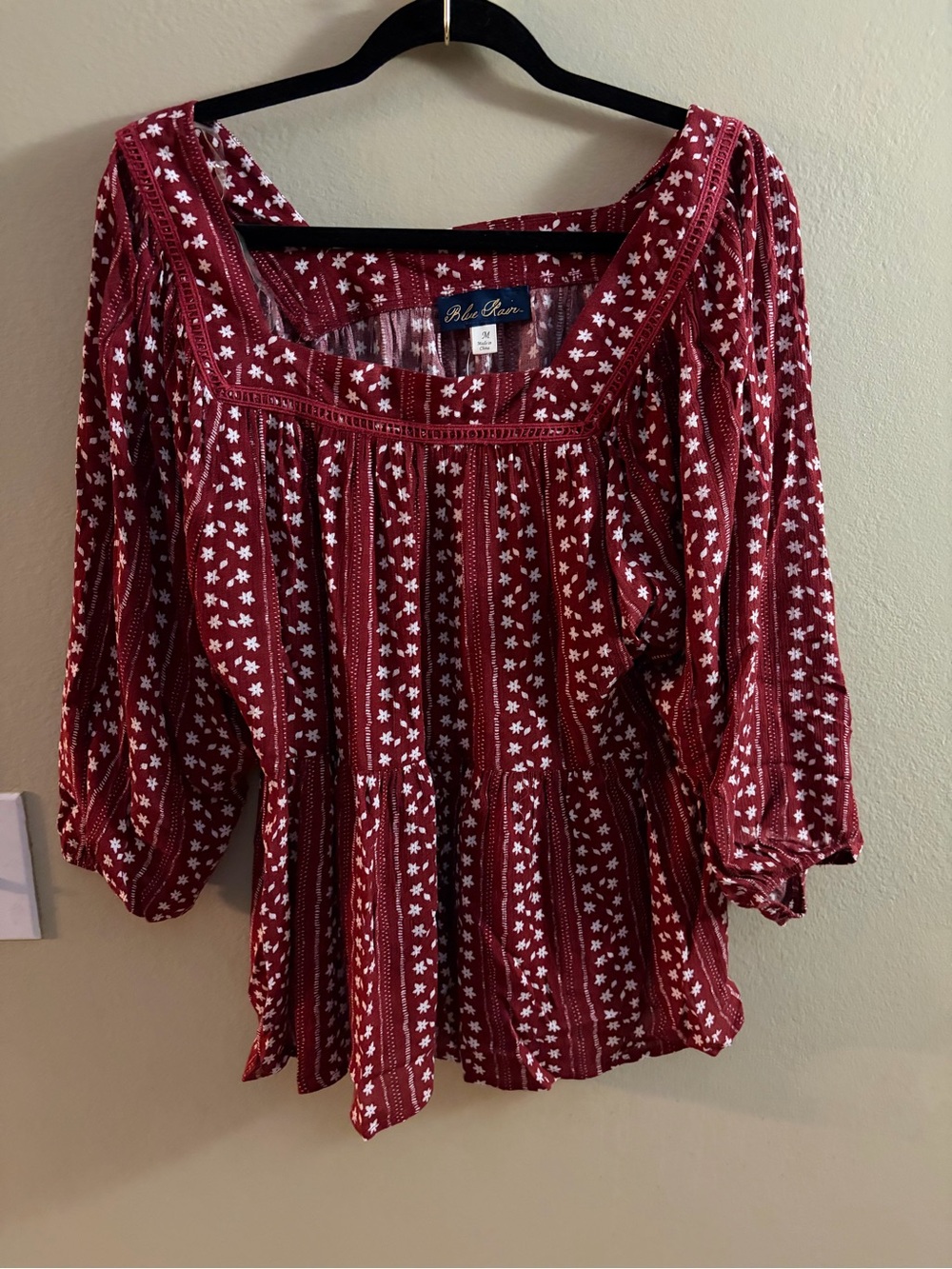 Blue Rain Burgundy Floral Peasant Blouse